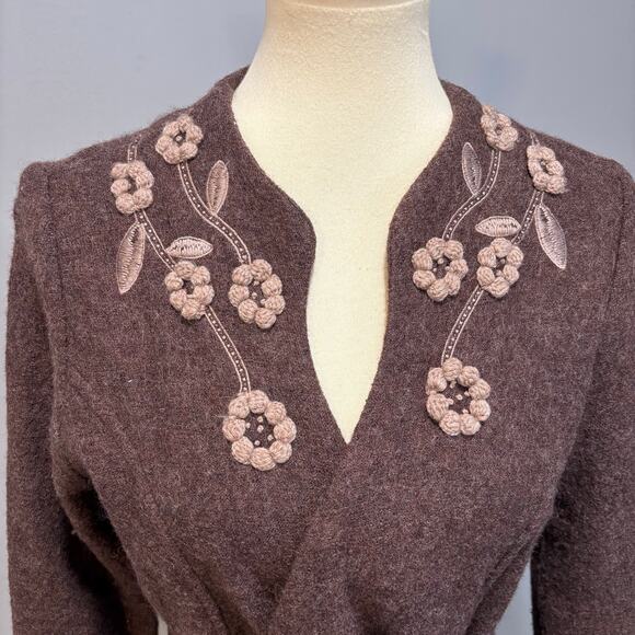 Vintage 90s Y2K Cynthia Rowley floral-trim brown wool tie sweater coat, Size M - Picture 2 of 9